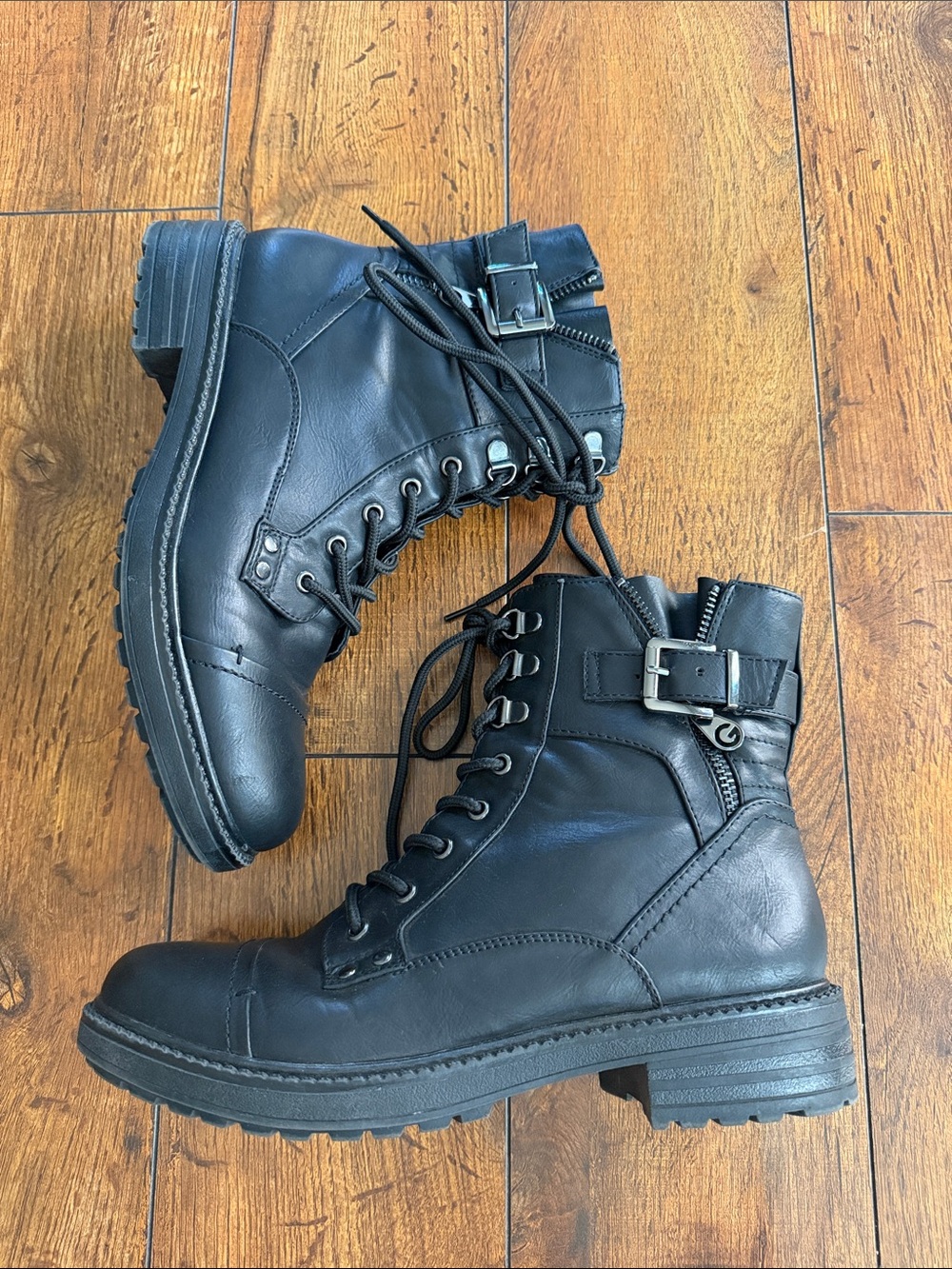 GBG Los Angeles Black Lace-Up Combat Booties with Buckle